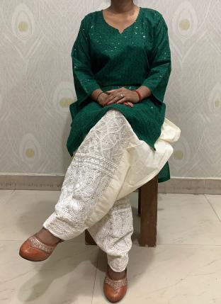 Bottle Green Pure Cotton Festival Wear Sequins Work Kurti With Patiyala
