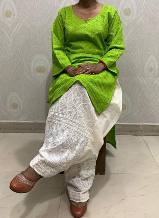 Sea Green Pure Cotton Festival Wear Sequins Work Kurti With Patiyala
