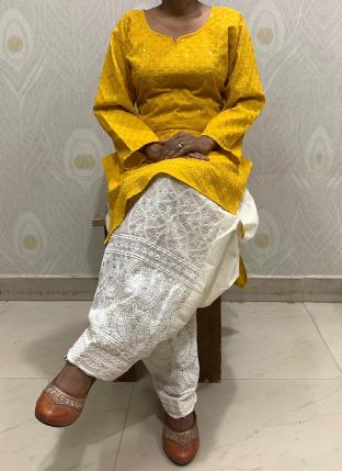 Yellow Pure Cotton Festival Wear Sequins Work Kurti With Patiyala