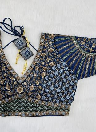 Blue Silk Wedding Wear Embroidery Work Blouse
