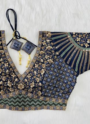 Navy Blue Silk Wedding Wear Embroidery Work Blouse