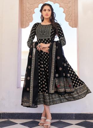 Black Rayon Casual Wear Foil Printed Gown With Dupatta