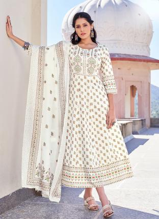 Cream Rayon Casual Wear Foil Printed Gown With Dupatta
