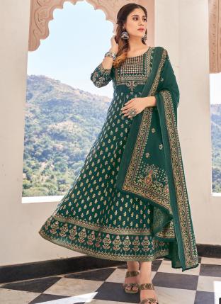 Green Rayon Casual Wear Foil Printed Gown With Dupatta