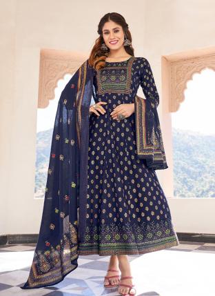 Navy Blue Rayon Casual Wear Foil Printed Gown With Dupatta