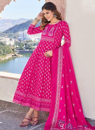 Rani Rayon Casual Wear Foil Printed Gown With Dupatta