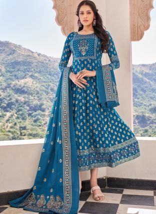 Sky Blue Rayon Casual Wear Foil Printed Gown With Dupatta