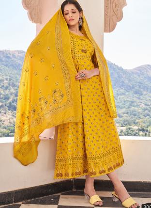 Yellow Rayon Casual Wear Foil Printed Gown With Dupatta