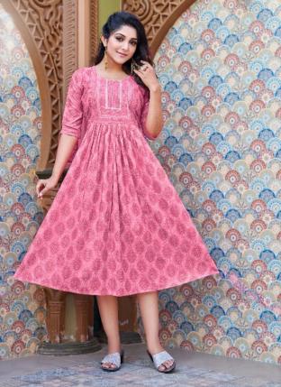 Pink Rayon Regular Wear Embroidery Work Kurti