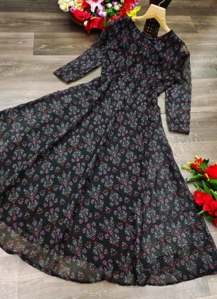 Black Georgette Casual Wear Printed Gown