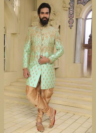 Pista Green Row Silk Wedding Wear Machine Work Sherwani