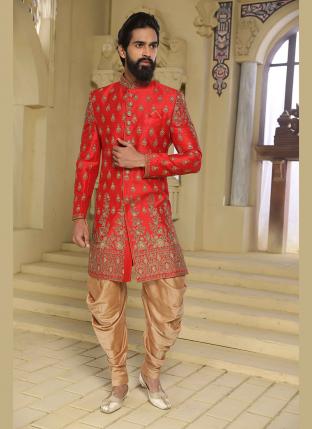 Red Row Silk Wedding Wear Machine Work Dhoti Sherwani