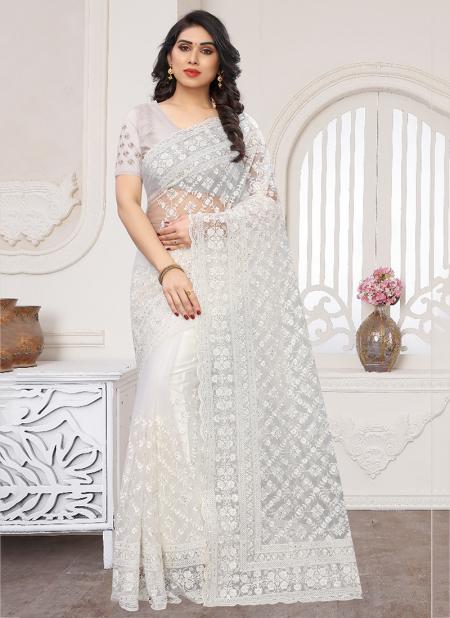 signature Christian bridal Off-white saree with lace work over
