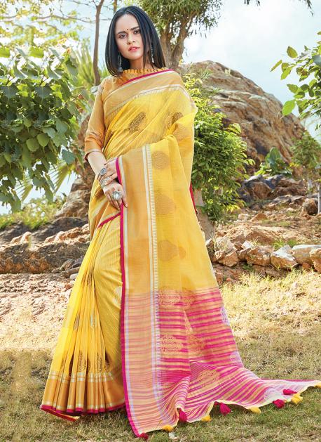Buy Yellow Cotton Daily Wear Linen Fancy Saree Online From Wholesale ...