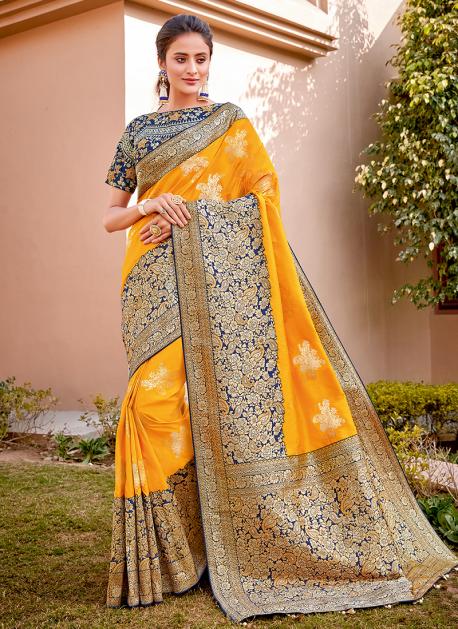 Stunning Banarasi Silk Fabric Saree With ontrast Heavy Work Blouse