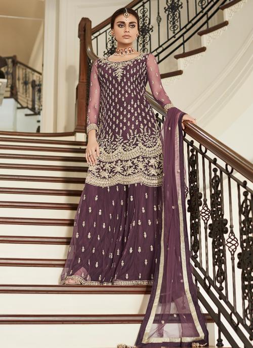 light mauve embroidered net sharara suit