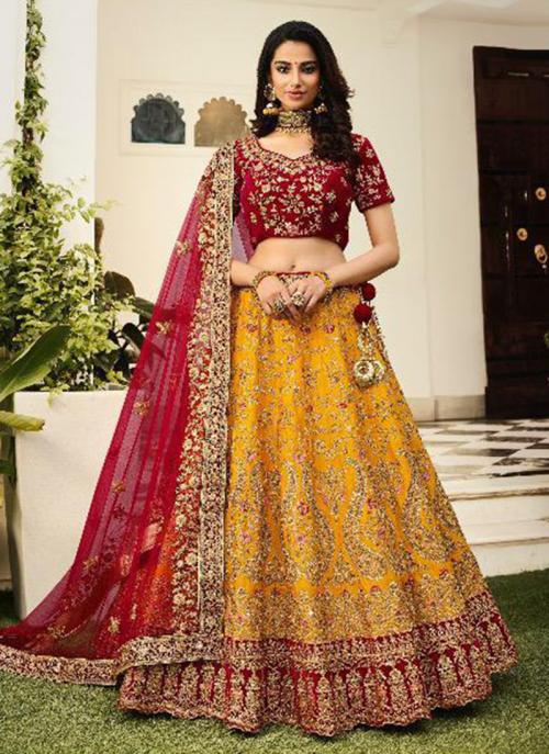 Buy Bridal Wear Yellow Silk Embroidery Lehenga Choli Online From Wholesale Salwar