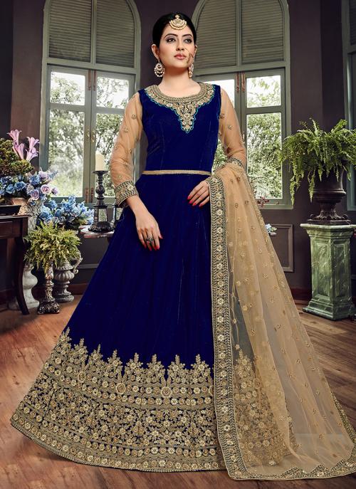 Buy Velvet Blue Wedding Wear Embroidery 