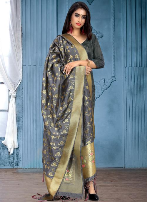 Buy Banarasi Silk Grey Traditional Wear Weaving Dupatta Online