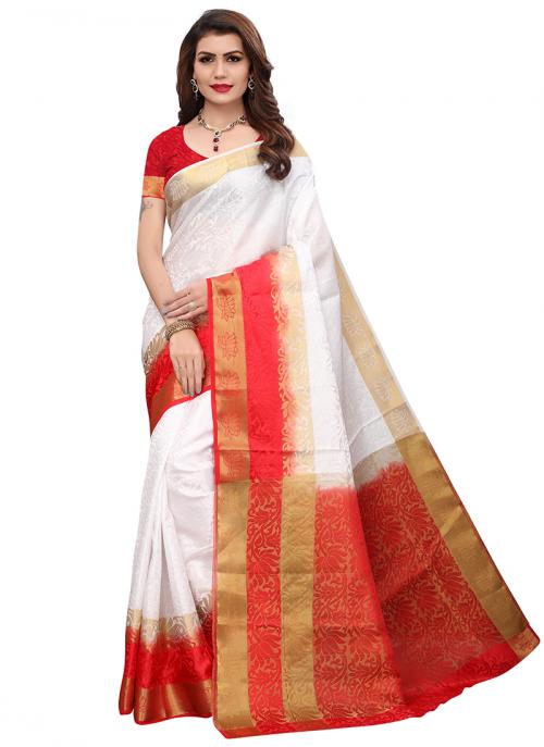 Buy Silk White And Red Weaving Festival Wear Saree Online From