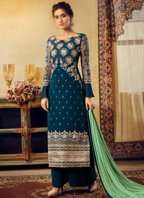 Blue Georgette Traditional Wear Embroidery Work Palazzo Suit