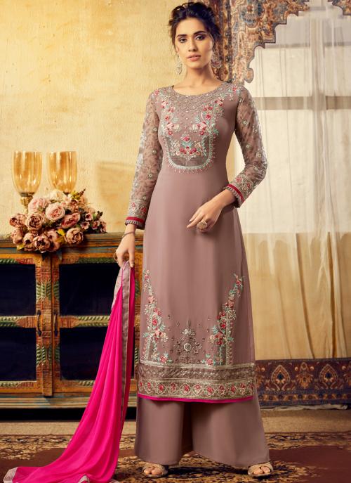 Brown Georgette Traditional Wear Embroidery Work Palazzo Suit