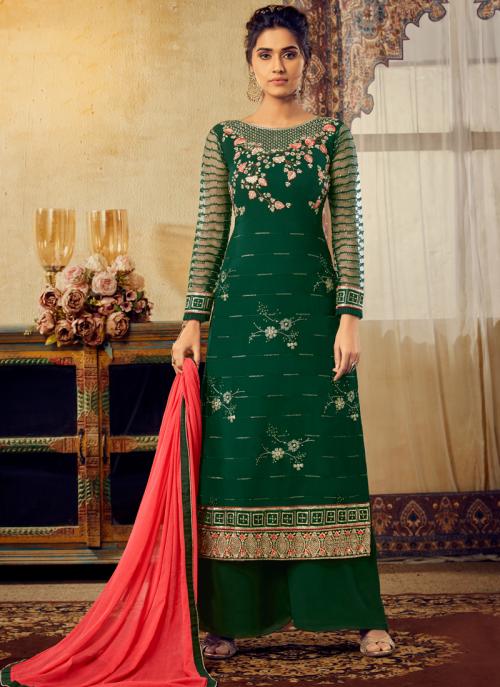 Green Georgette Traditional Wear Embroidery Work Palazzo Suit