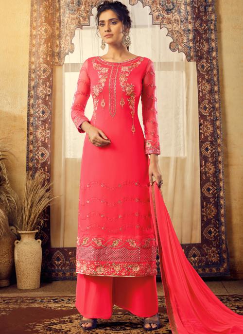 Pink Georgette Traditional Wear Embroidery Work Palazzo Suit