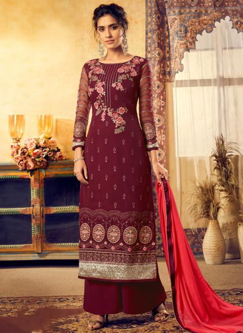 Red Georgette Traditional Wear Embroidery Work Palazzo Suit