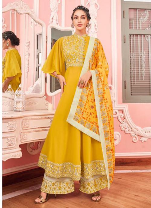 Buy Yellow Muslin Party Wear Embroidery ...