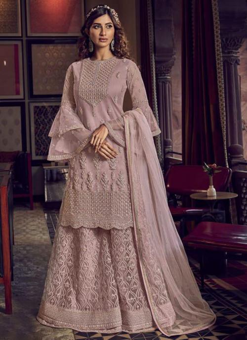 light mauve embroidered net sharara suit