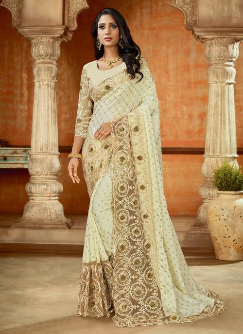 Cream Modal Satin Wedding Wear Sequins And Resham Work Saree