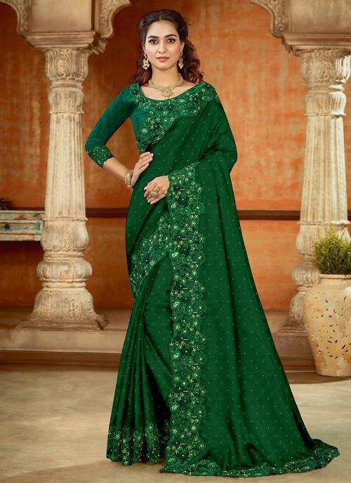 Dark Green Two Tone Satin Wedding Wear Sequins And Resham Work Saree