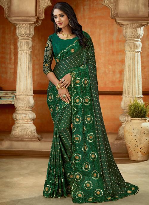 Green Modal Satin Wedding Wear Sequins And Resham Work Saree