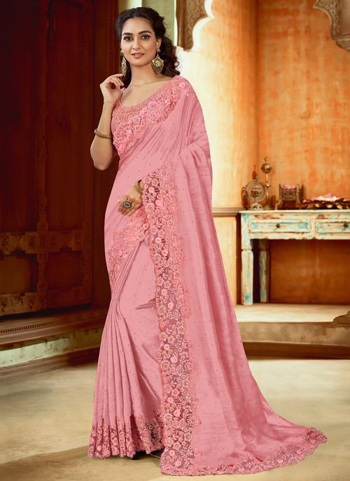 Light Pink Two Tone Satin Wedding Wear Sequins And Resham Work Saree