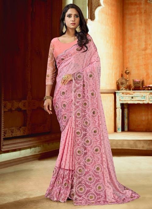 Pink Modal Satin Wedding Wear Sequins And Resham Work Saree