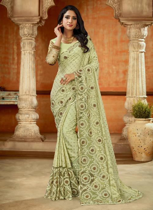Pista Green Modal Satin Wedding Wear Sequins And Resham Work Saree
