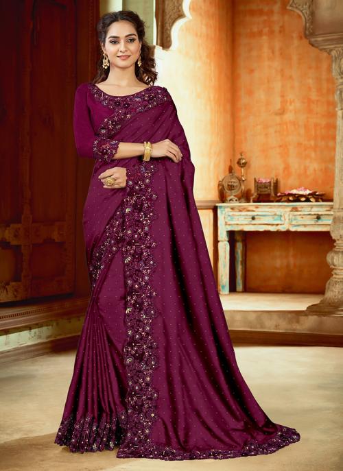 Purple Two Tone Satin Wedding Wear Sequins And Resham Work Saree