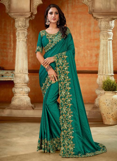 Teal Green Satin Two Tone Wedding Wear Sequins And Resham Work Saree