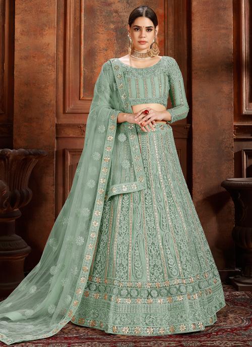 Buy Net Bridal Wear Pista Green Thread Work Lehenga Choli Online From ...