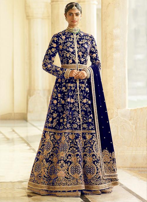 Blue Velvet Bridal Wear Embroidery Work Anarkali Suit