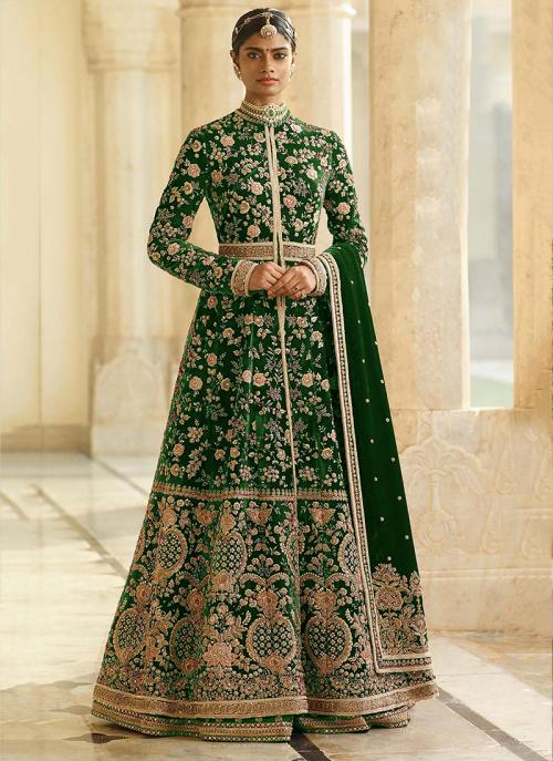 Green Velvet Bridal Wear Embroidery Work Anarkali Suit