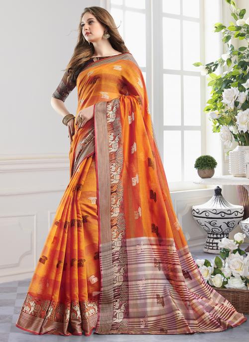 Orange Cotton Regular Wear Handloom Fancy Saree