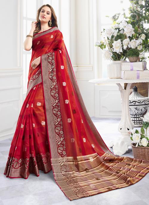 Red Cotton Regular Wear Handloom Fancy Saree