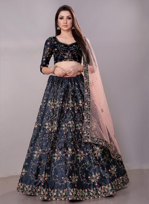 Buy Navy Blue Satin Silk Festival Wear Zari Work Lehenga Choli