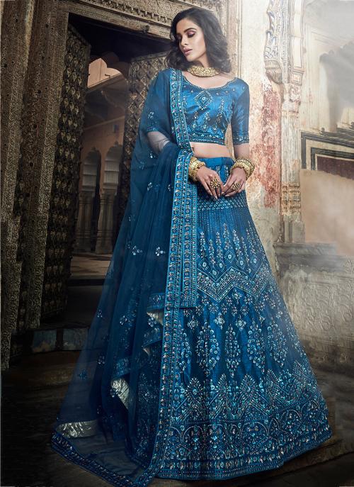 silk blue lehenga