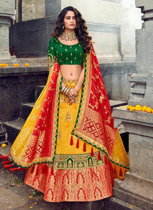 Buy Yellow And Green Silk Bridal Wear Zari Work Lehenga Choli Online ...