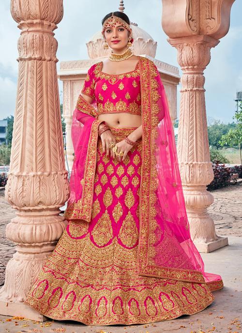 Buy Pink Silk Bridal Wear Zari Work Lehenga Choli Online From