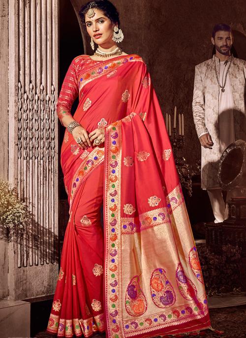 Buy Pink Banarasi Silk Wedding Wear Weaving Saree Online From Wholesale ...