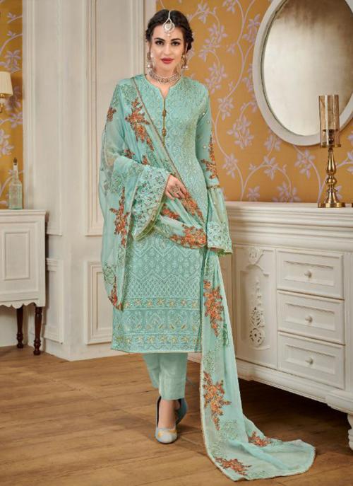 Pista Green Faux Georgette Festival Wear Embroidery Work Churidar Suit